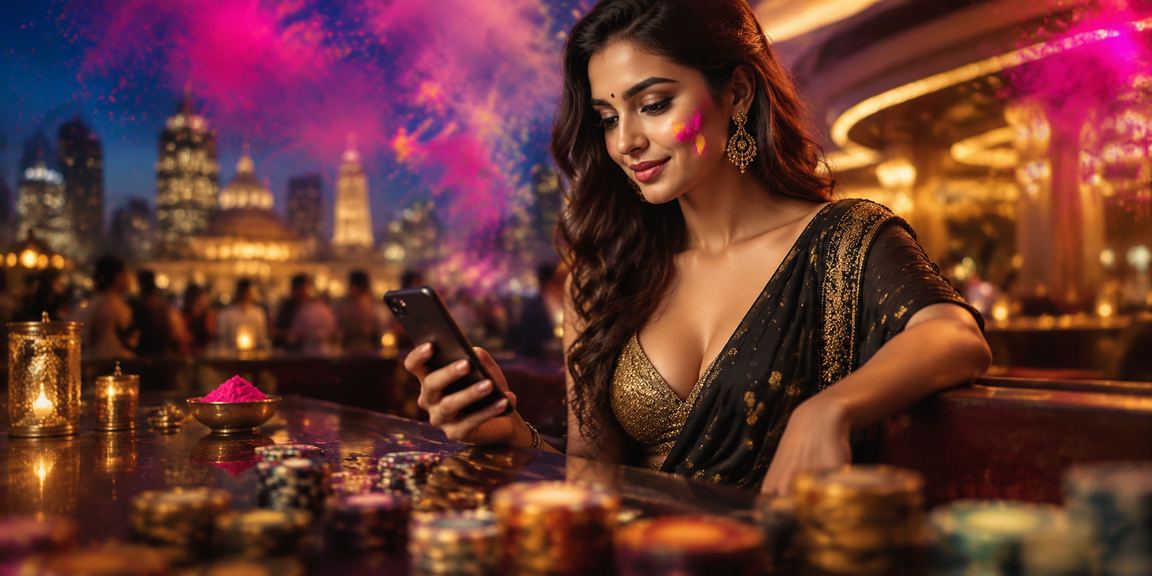 Indian player using mobile payments during Holi festival celebration